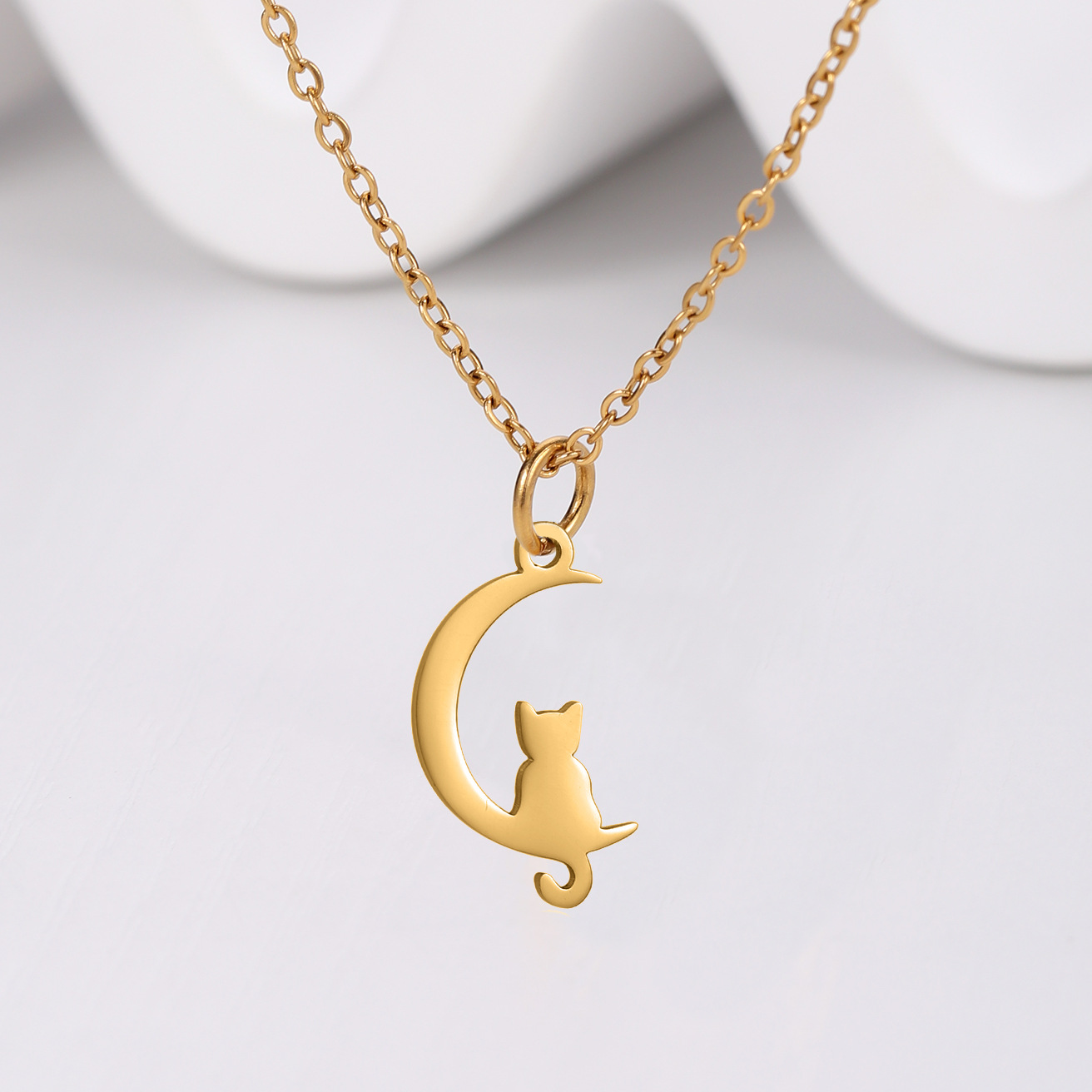 Stainless Steel, Titanium Steel Material Animal, Moon Pattern Cute Animal Moon Stainless Steel Titanium Steel Plating Pendant Necklace