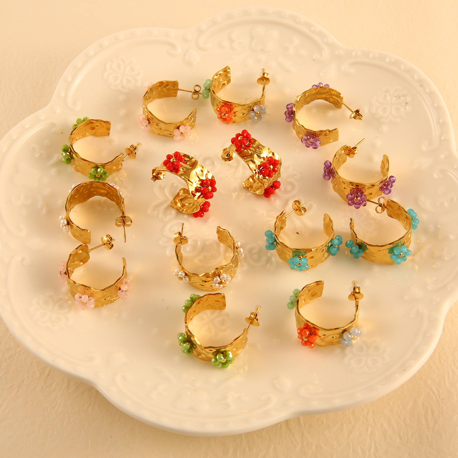 Ear Studs Classification 1 Pair Quantity Daily Occasion 1 Pair IG Style Simple Style C Shape Flower Beaded 304 Stainless Steel 18K Gold Plated Ear Studs