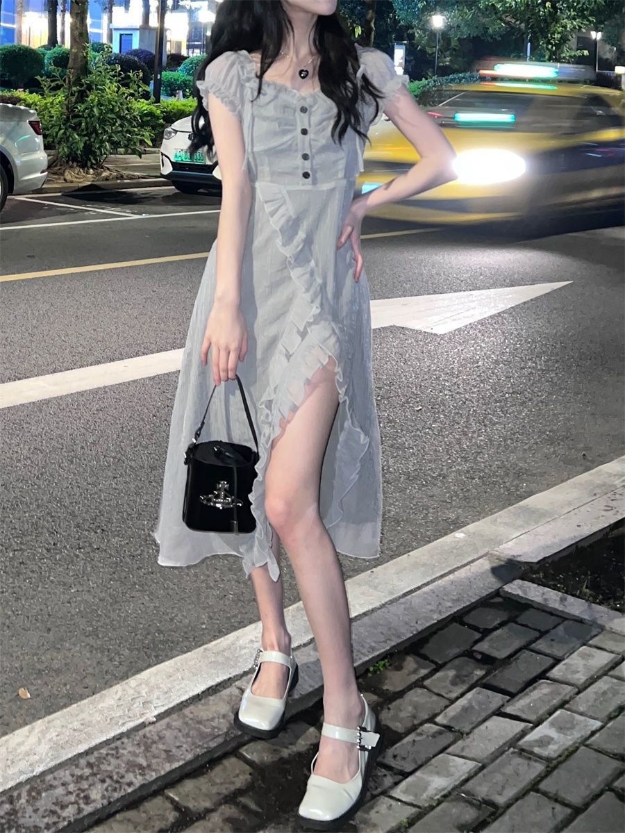 Đầm maxi nữ thắt eo tay bồng xẻ tà phong cách Pháp 2026 — Ánh trăng bạc chi tiết 11