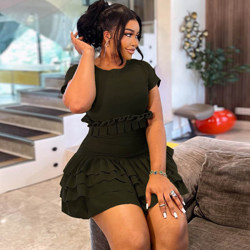 European and American Style Export Women's Fashion Pure Color Tight-Fitting Sweet and Fresh Pleated Skirt Short-Sleeved Round Neck Short Dress Dress European and American Style Export Women's Fashion Pure Color Tight-Fitting Sweet and Fresh Pleated Skirt Short-Sleeved Round Neck Short Dress Dress