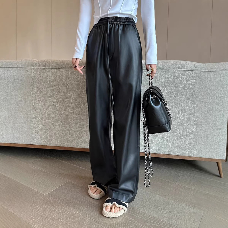 Black Retro High-Waisted Pu Leather Pants for Women, Autumn/Winter 2026 New Style, Straight Loose Casual Floor-Length Wide-Leg Pants Black Retro High-Waisted Pu Leather Pants for Women, Autumn/Winter 2026 New Style, Straight Loose Casual Floor-Length Wide-Leg Pants