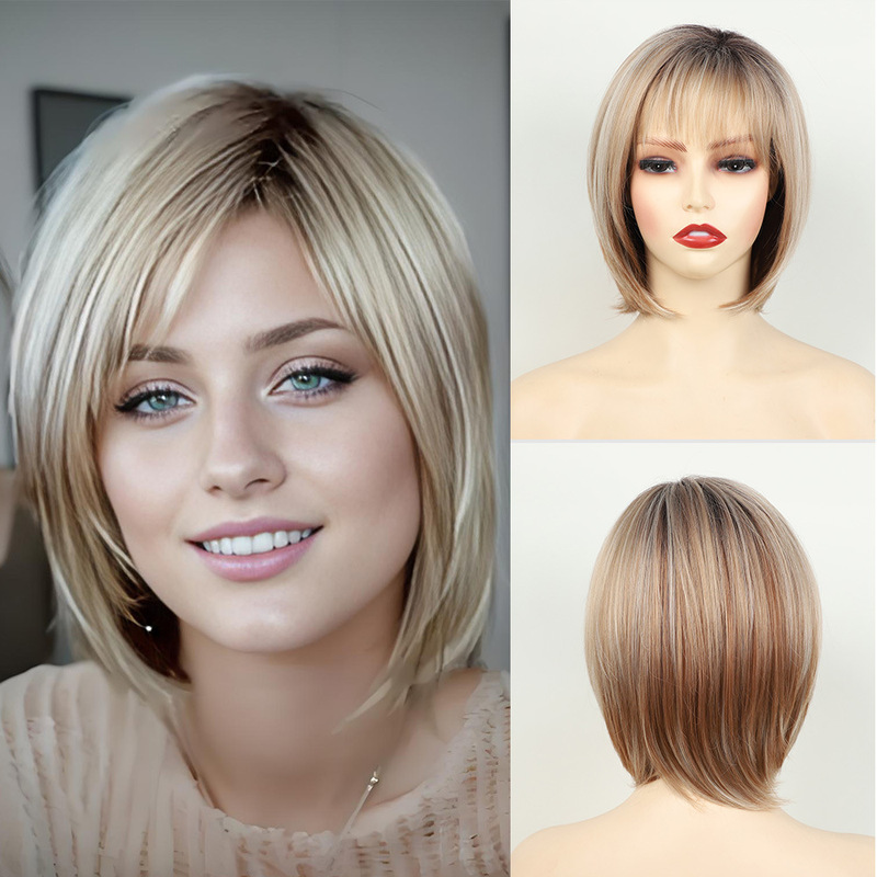 Wig with a New European and American Style, Gradient Brown with Golden Highlights, Layered Bob Short Straight Synthetic Hair Wig