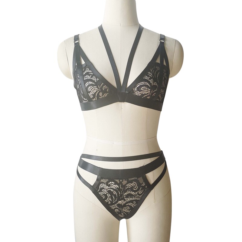 Three-point Sexy Strap Lace Hanging Neck Bra Underwear Panties Soft Skin-friendly Sexy Suit Uniform Tempting Women