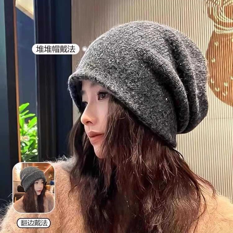帽子秋冬女款时尚百搭慵懒风亮片堆堆帽大头围显脸小针织护耳冷帽|undefined