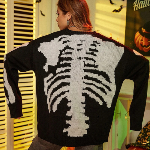 Relaxed Skeleton Print Men's Sweater Women's High-Quality Personality Streetwear Hole Vintage Knit Sweater