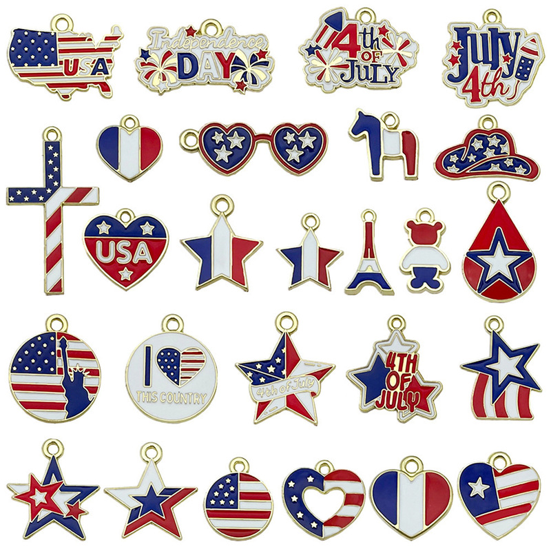 Independence Day American Flag DIY Oil Dripping Alloy Jewelry Accessories Cross-Border Earrings Necklace Keychain Pendant Pendant