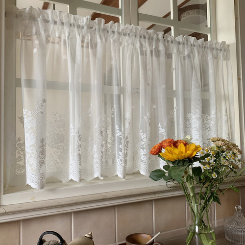 WBZ7 American-style pastoral lace hook-and-loop half curtain short curtain door curtain kitchen sheer curtain window screen finished product, no drilling required