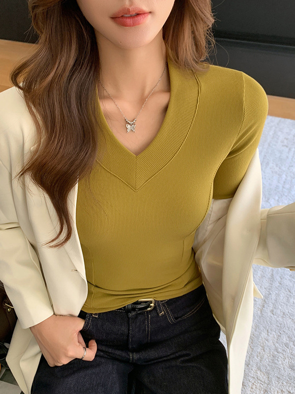 K1207严选百搭v领长袖t恤女早秋冬季内搭打底衫修身显瘦正肩上衣|undefined