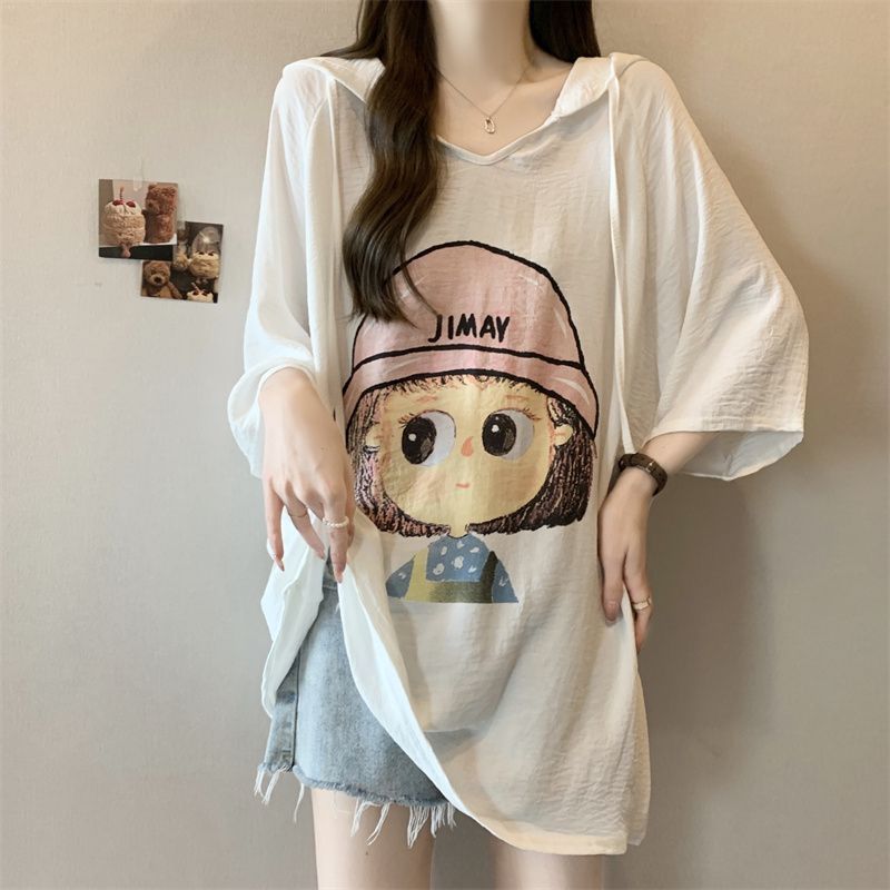 Camiseta de manga corta con capucha y estampado de dibujos animados para mujer de talla grande verano 2024 nuevo estilo suelto delgado mm top mujer