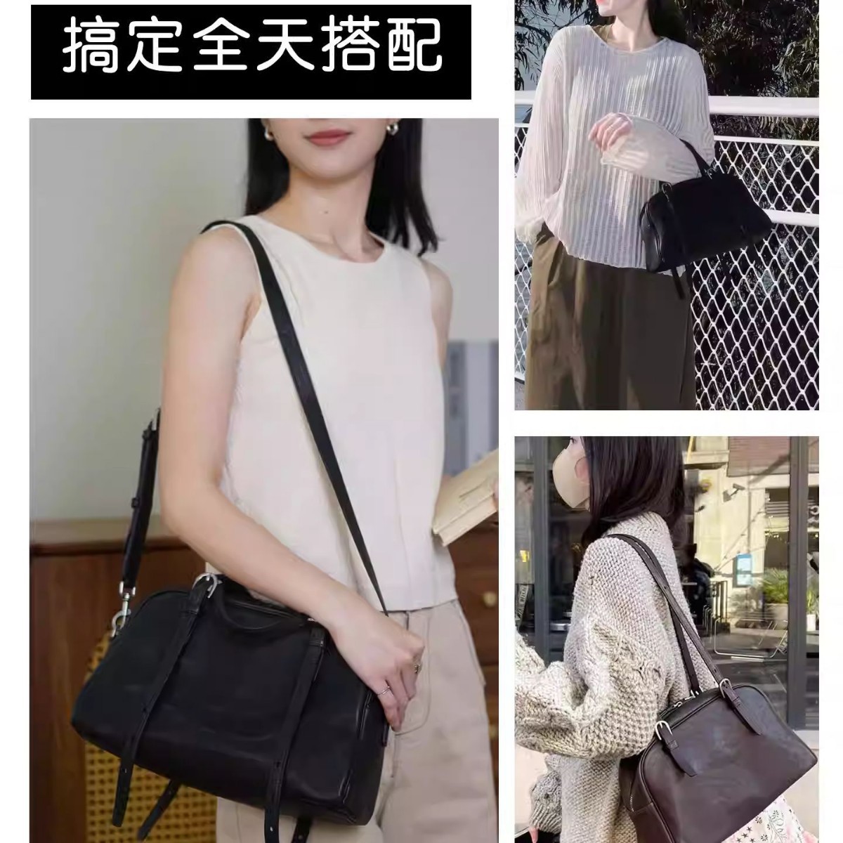 [38-Section Gift] Minimalist Vegetable-Tanned Genuine Cowhide Bowling Bag For Women, Retro Commuter Large Capacity Shoulder Bag - Thumbnail 4
