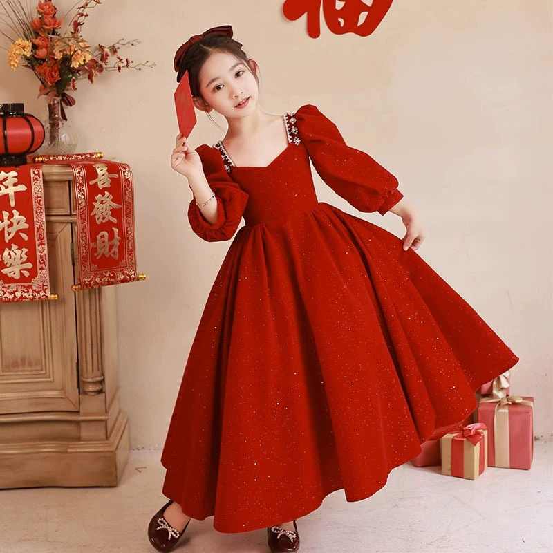 Children's red flower girl dress, small princess costume, suit, western style