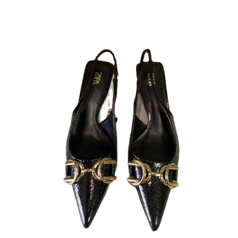 Sharp pointed metal buckle with straight strap, thin heel, shallow mouth high heels, air quality sandals for women
