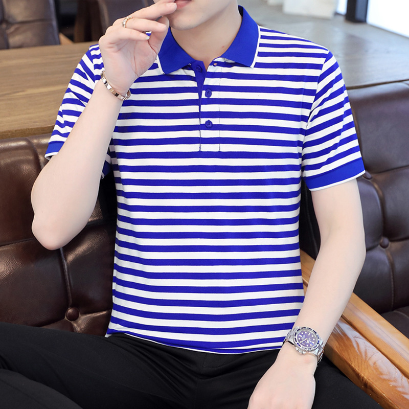 Summer Chinese Lapel Blue and White Striped Polo Shirt Short-sleeved Men's Sea Soul Shirt Led Half-sleeved T-shirt Sailor Suit Shirt