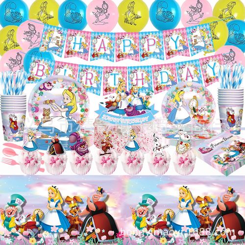 New Alice in Wonderland Theme Decor Tea Party Scene Setting Children's Paper Plate, Napkin, Tablecloth Set