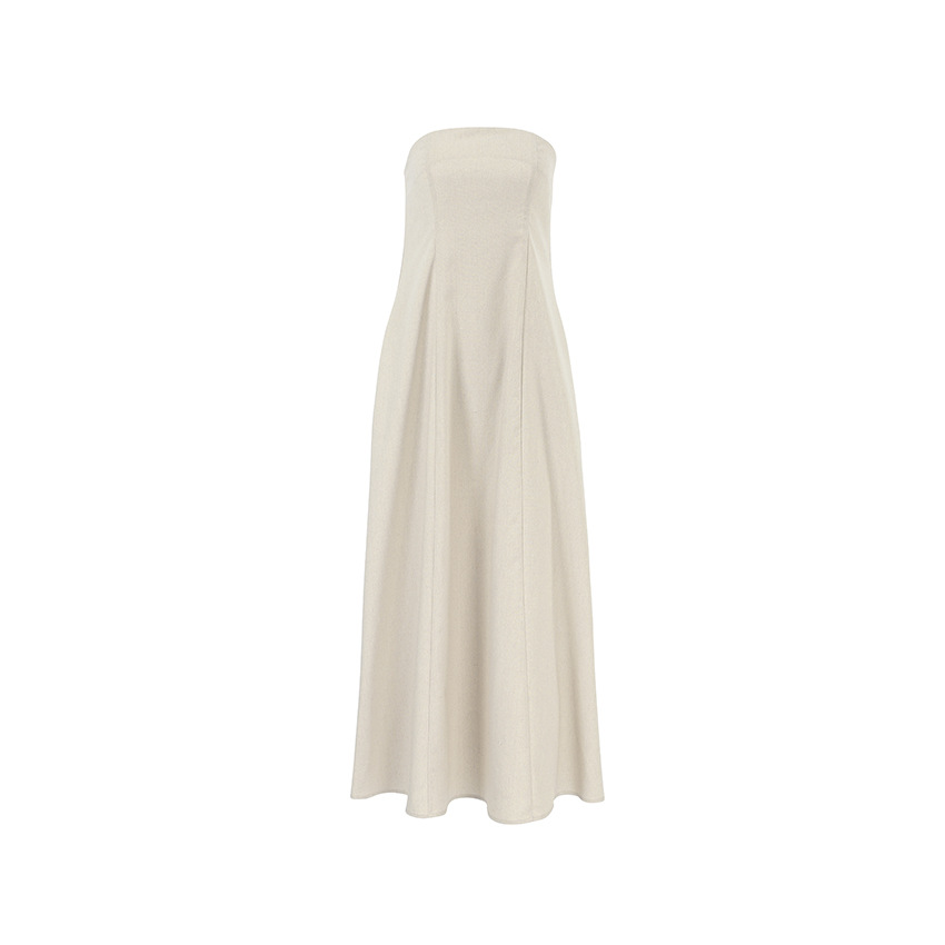 2026 Summer European And American Sexy Khaki Cotton Linen Strapless For Women, Vacation Casual Ramie A-line Dress_ecoleips.com