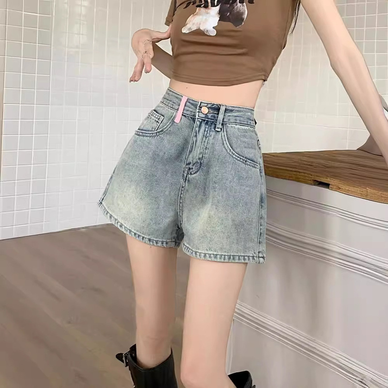 Small High Waist Straight Denim Shorts Women's Summer Small Retro Tassel Spice Girl A- line Wide Leg Hot Pants for Women