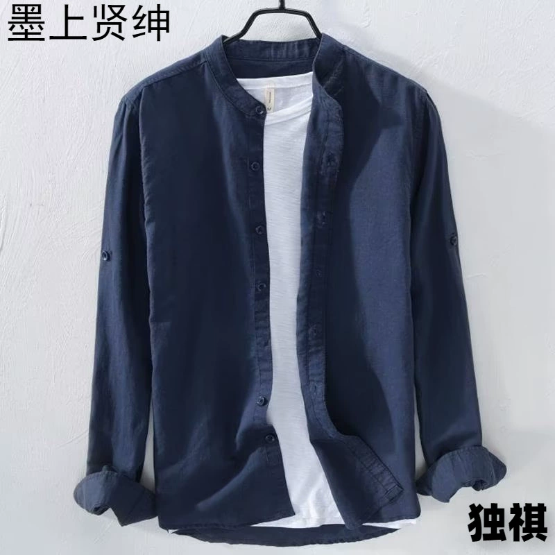 Весной и летом тонкие японские льняные рубашки с вертикальным вырезом мужские свободные дышащие повседневные хлопковые рубашки с длинными рукавами