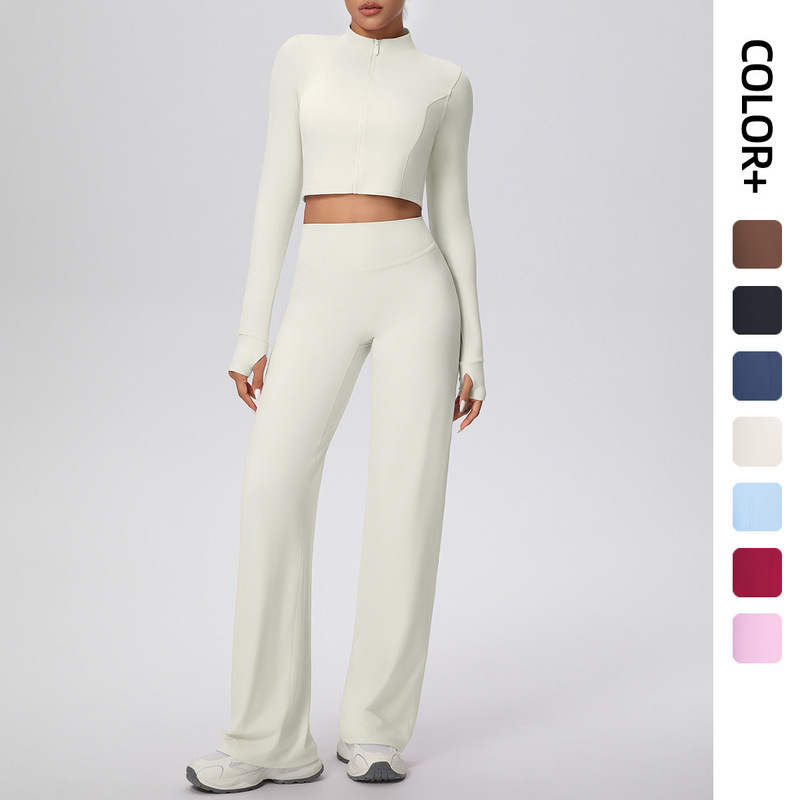 Cross-Border Nude Sports Short Zipper Jacket High-Waisted Skin-Friendly Breathable Yoga Wide-Leg Pants Fitness Yoga Suit for Women
