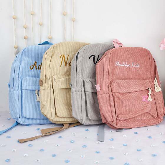 Etsy cross border pod custom embroidered letters baby boy and girl backpack children corduroy cloth kindergarten school bag