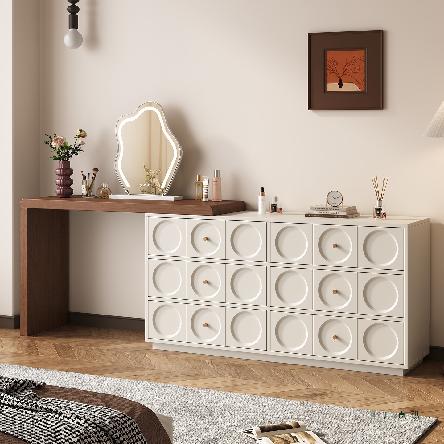 Wabi-Sabi Style Antique Dresser, Bedside Cupboard, Integrated Desk, Solid Wood Dressing Table, Bedroom Corner, French Cream Style