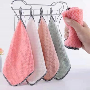 Coral Velvet Pineapple Grids Small Square Towel Non-Stick Oil Thickeneded Water-Absorbent Lanyard Kitchen Dish Towel Cleaning Rag to Wipe Hands