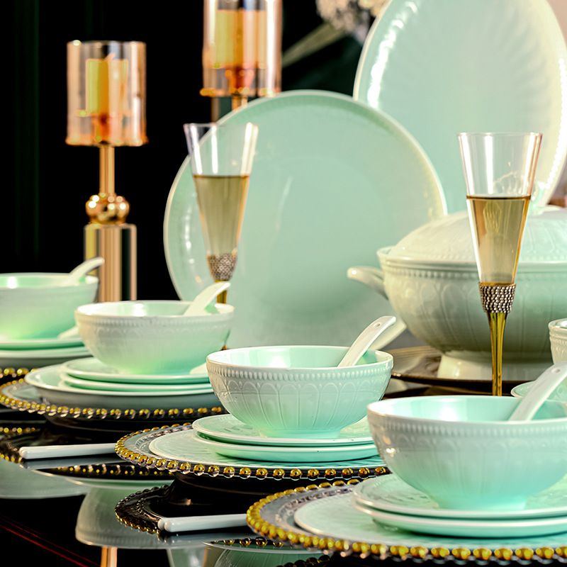 2024高檔影青陶瓷碗碟盤子組合全套家用禮品批發景德鎮釉下彩餐具