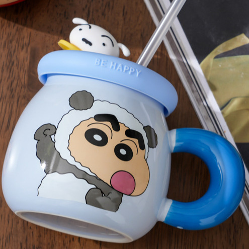 Crayon Shin-chan taza autorizada genuina con tapa con pajita taza pareja chica oficina taza de agua de alto valor