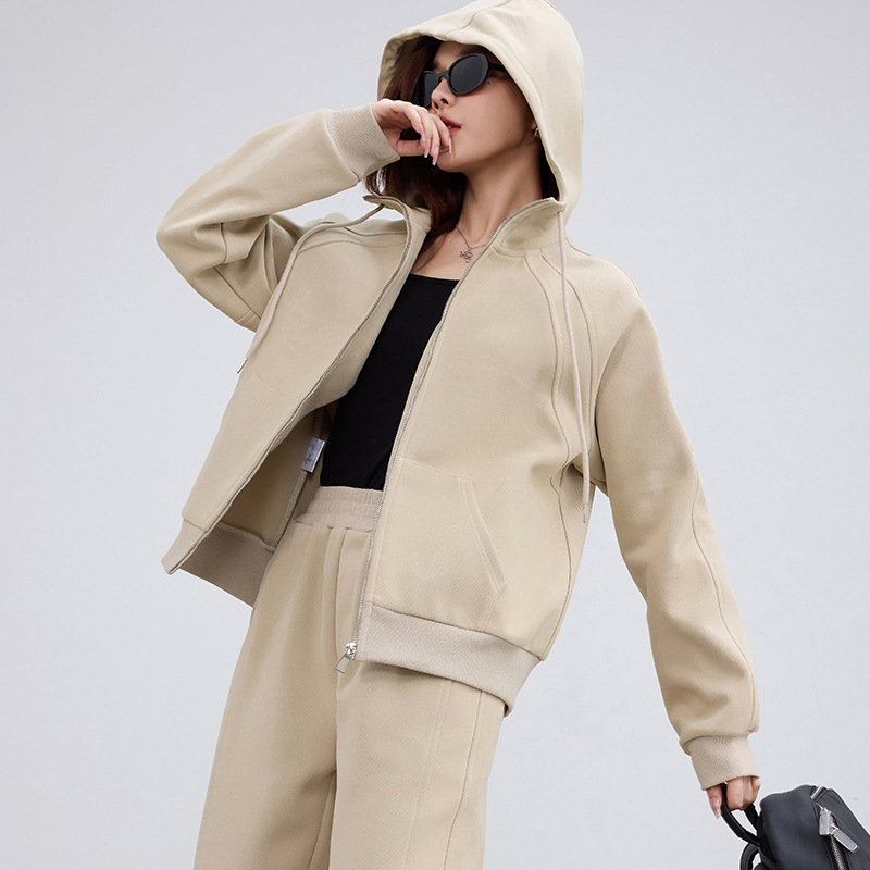 2025新款拉链连帽外套秋冬加绒两件套女装宽松显瘦轻运动休闲套装|undefined