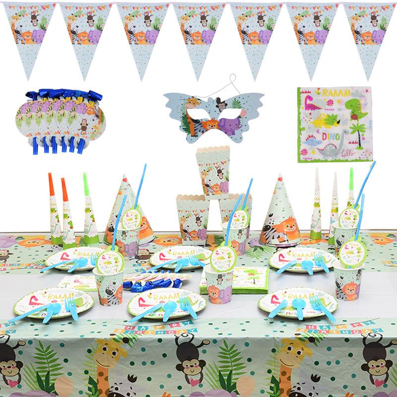 Venta caliente bosque selva Zoo fiesta de cumpleaños traje mantel papel taza papel placa banner tejido partido traje
