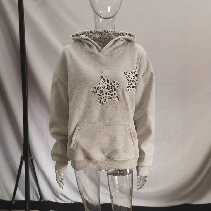 在庫あり 2025 ヨーロッパとアメリカのクロスボーダー独立ステーションスター刺繍フード付き多用途ルーズカジュアルプルオーバースウェットシャツ|undefined