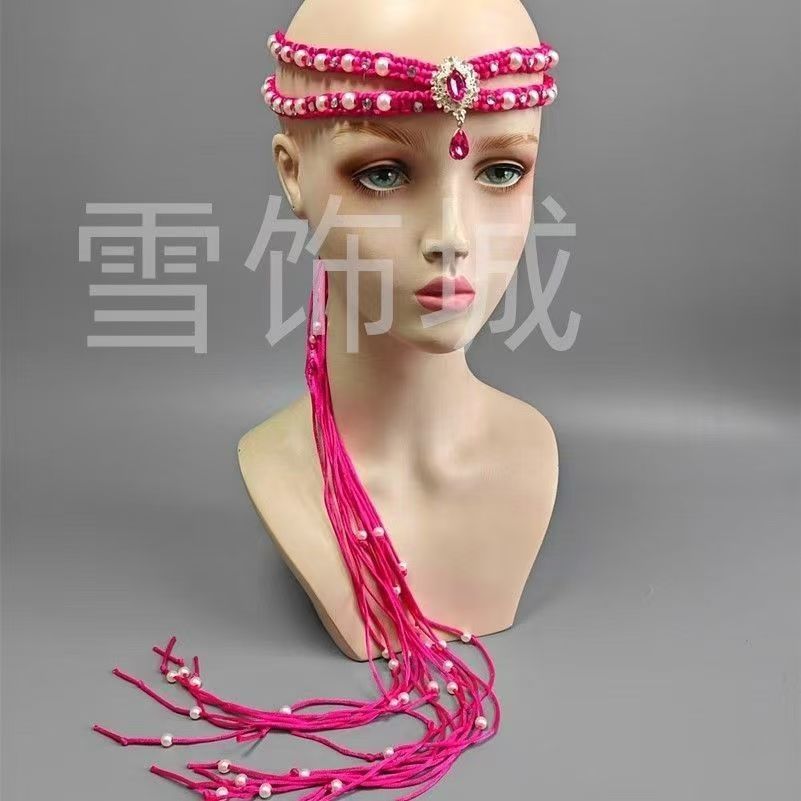New large Yangge dance ethnic ancient style exotic headwear and forehead ornament performance accessories, hand-woven headband and hair tie