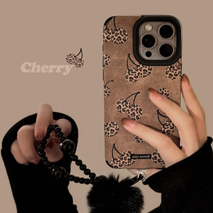 Sweet Cool Leopard Pattern Cherry for iphone16 Apple Phone Case 15Pro Max Suede 14 Plush Rope 13 Soft