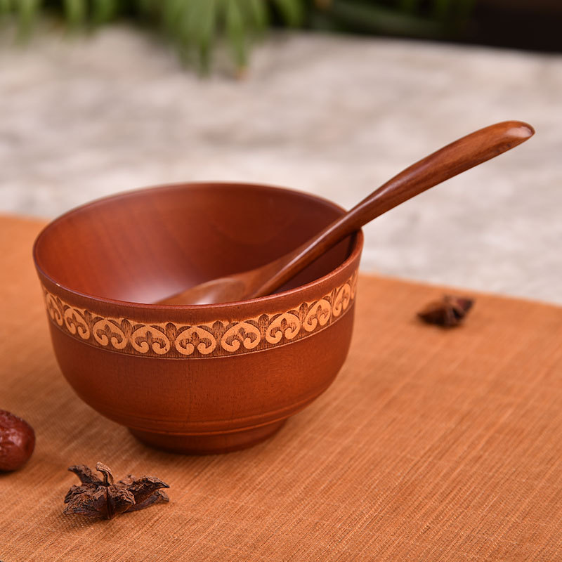 Suministro directo de Fábrica Nacional creativo de dibujos animados de madera tazón de madera anti-escaldado tazón de arroz para niños auspicioso ocho tesoros tazón de madera en stock al por mayor