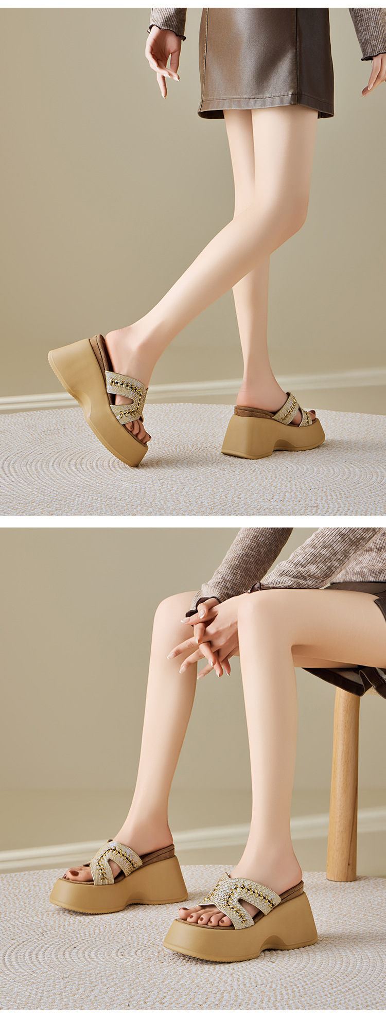 Dép sandal nữ xỏ ngón đế bệt phong cách trẻ trung, gót 10 cm — màu vàng, màu trắng chi tiết 10