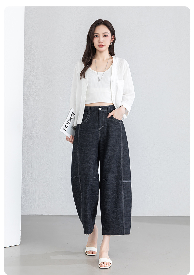Quần jean nữ ống rộng eo cao vải linen mát mẻ phong cách cổ điển — xanh lam chi tiết 20