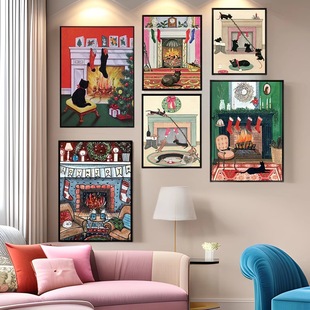 Colorful American Living Room Decorative Painting Christmas Landscape Poster Cat Dachshund Dog Holiday Mural Photo Wall Sticker Pendulum