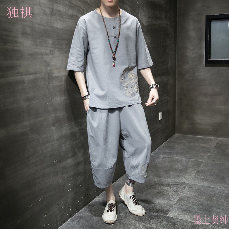 Chinese Style Men's Summer Linen suit Fashion Brand plus size Cotton and Linen Short-sleeved T-shirt Loose Embroidered Tang Suit Two-piece Set Chinese Style Men's Summer Linen suit Fashion Brand plus size Cotton and Linen Short-sleeved T-shirt Loose Embroidered Tang Suit Two-piece Set