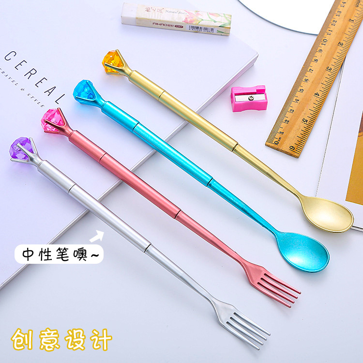 Caja vajilla pluma de gel creativo diamante cuchara tenedor estudiante pluma de agua oficina papelería firma pluma al por mayor