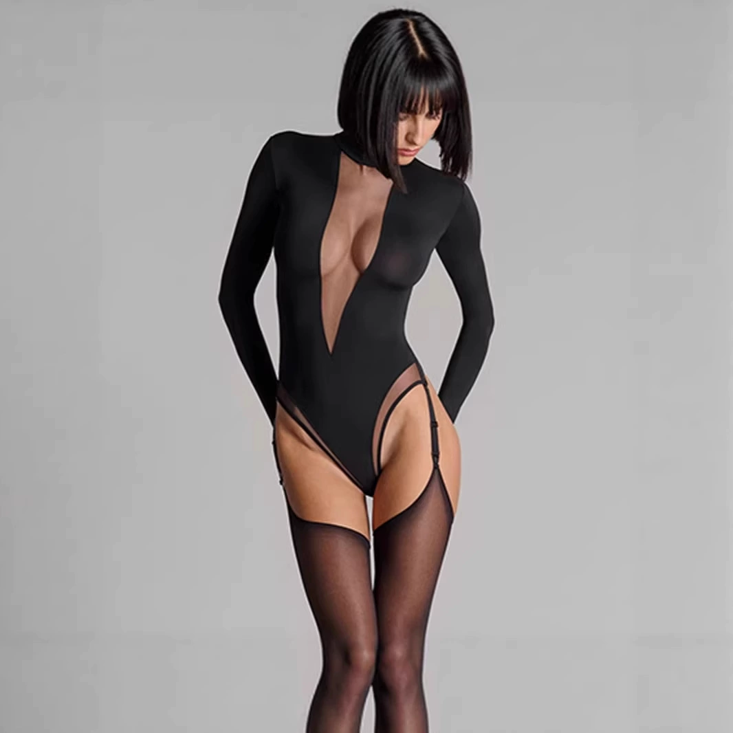 2025 весенне-летняя мода, новый сексуальный прозрачный сетчатый комбинезон с глубоким V-образным вырезом и длинными рукавами, который можно носить на улице, женский черный