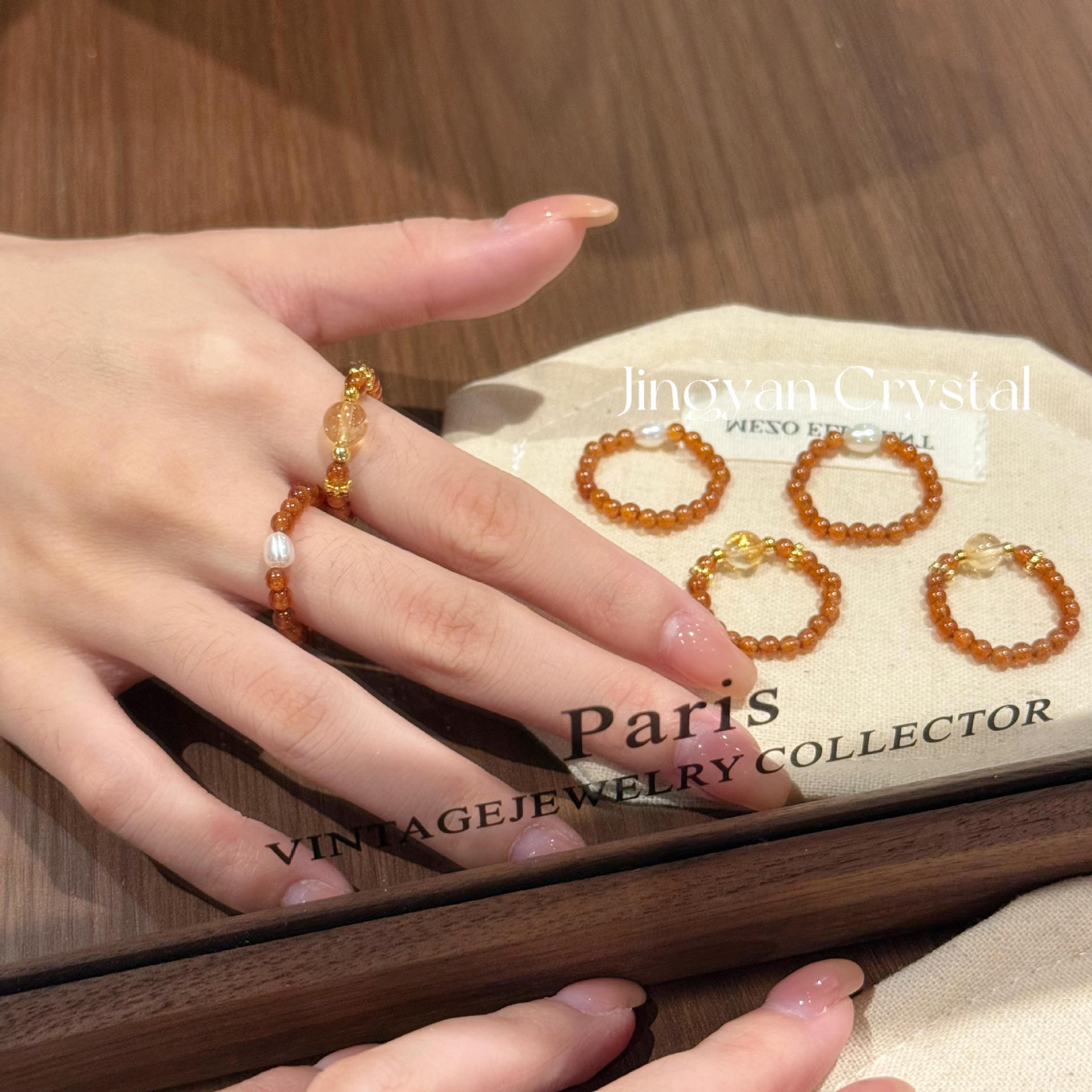 Original design, featuring natural crystal, orange-red garnet, and freshwater pearls – a luxurious and unique ring for women, available for wholesale and live streaming sales