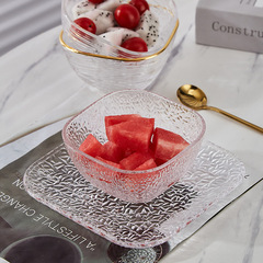 Set of small and fresh-looking square glass fruit salad bowls, breakfast bowls, ice cream bowls with gold edges, including trays and spoons