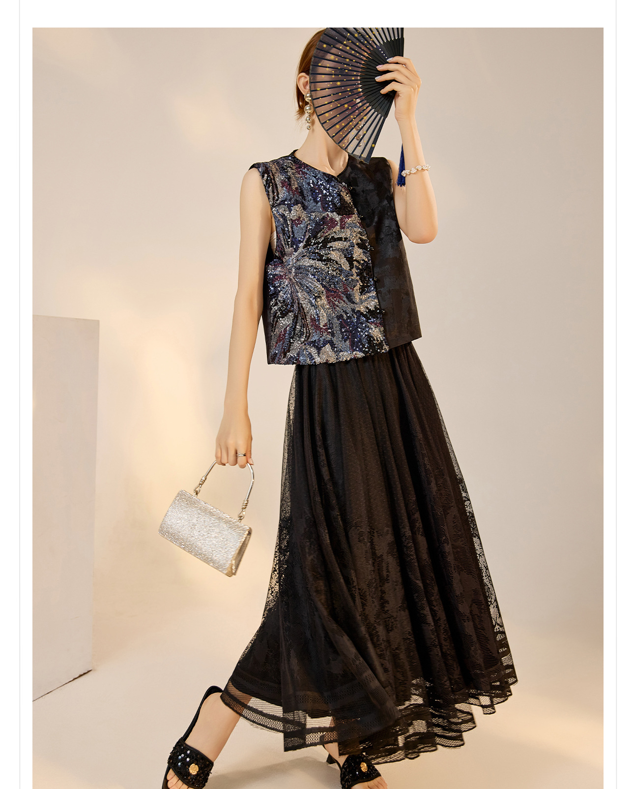 Áo vest nữ phong cách Trung Hoa mới 2026, thiết kế thêu sequin, chất rayon sang trọng — Đen, Màu huyền ảo, Xanh lam chi tiết 38