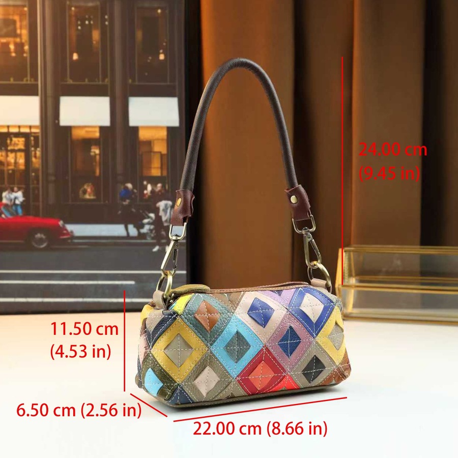 Women's Ethnic Style Colorful Plaid Genuine Leather Shoulder Crossbody Bag Small Pillow Bag Random Color Blocking Design_voghion.com