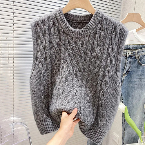 New Knit Vest, Solid Color Cable-Knit Crew Neck Short Sleeve Spring and Autumn Cardigan, Layering Loose Outerwear, No-Sleeve Sweater