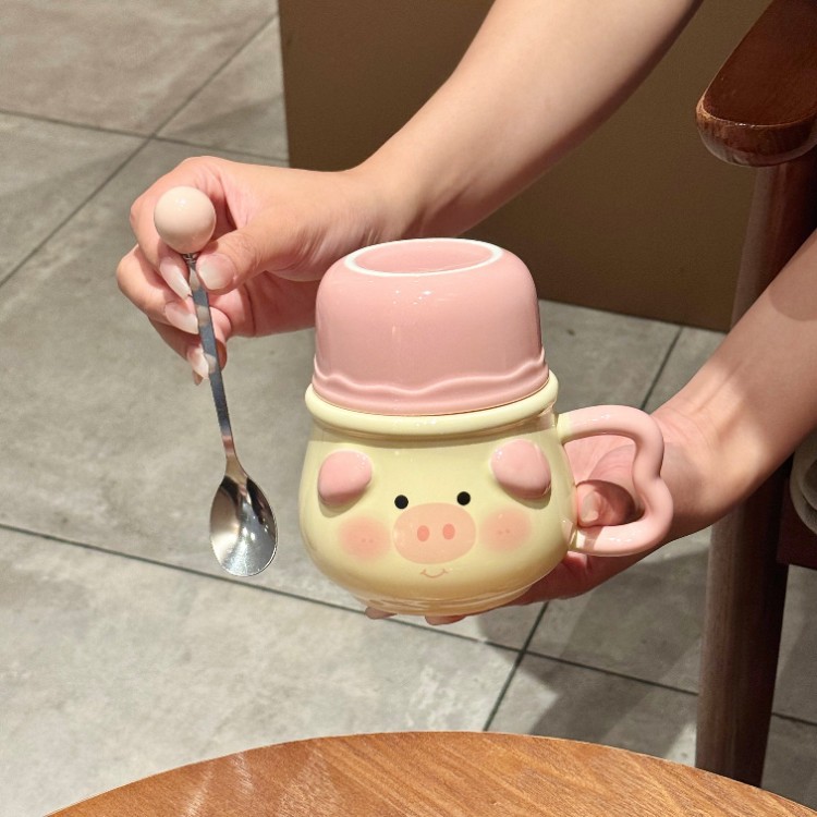 Cute cerdo taza de cerámica taza de cerámica con cubierta para niñas taza de desayuno infantil de oficina taza de café leche