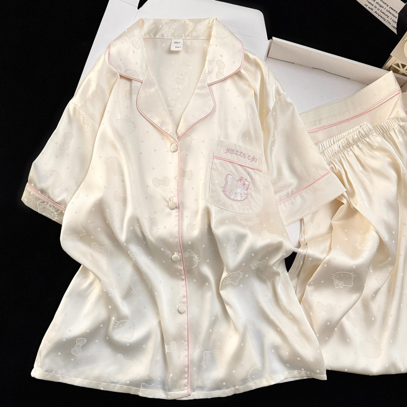 Embroidered elastic satin ice silk pajamas, 2026 new collection, sweet style, short-sleeved, new summer and autumn loungewear set