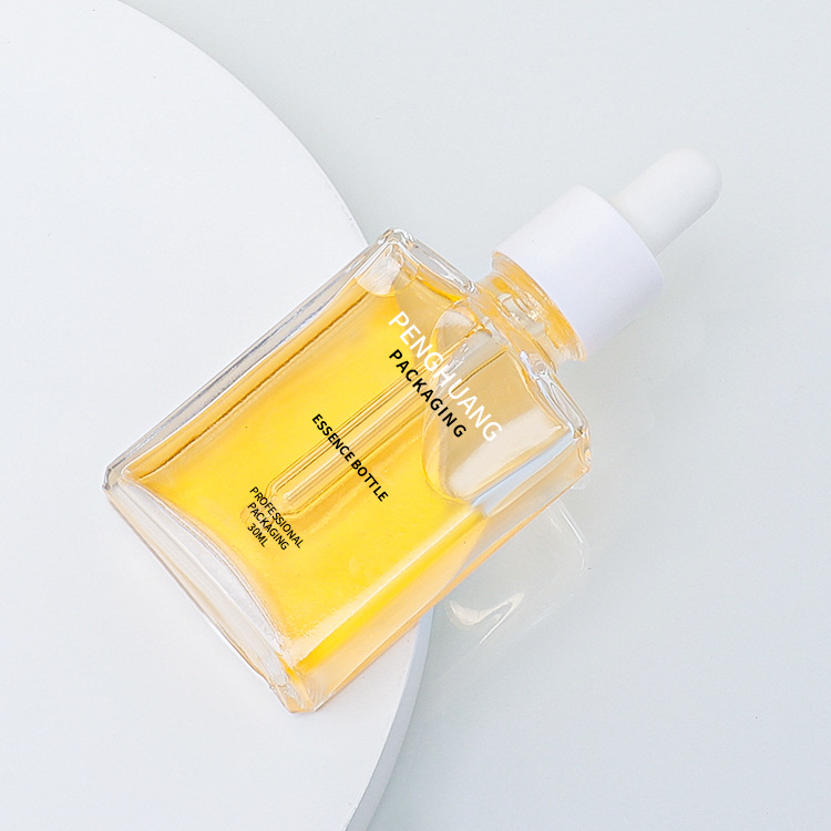 厂家批发30ml扁方形精油瓶子电化铝胶头滴管透明玻璃瓶精华液瓶子