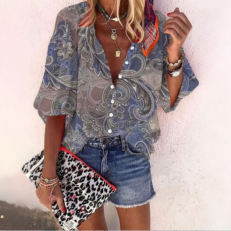 Cross-Border Printing European and American New Western Ethnic Style Geometric Printing Three-Quarter Sleeve Women's Shirt Cross-Border Printing European and American New Western Ethnic Style Geometric Printing Three-Quarter Sleeve Women's Shirt