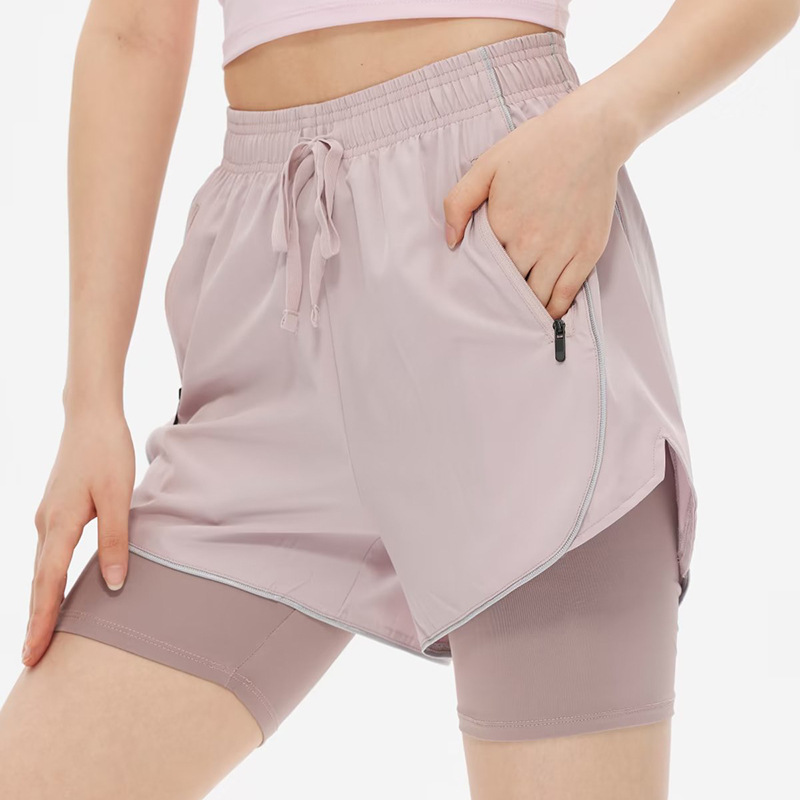 Double-Layer Sports Pants for Women, Quick-Dry, Faux Two-Piece with Inner Lining, Anti-Exposure Running Fitness Shorts, Five-Point Tennis Pants