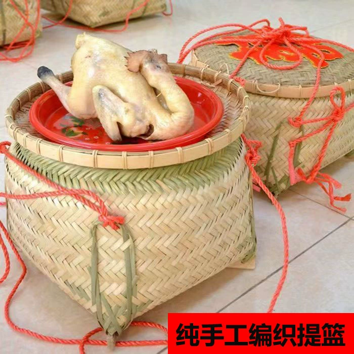 Ретро-корзина из бамбука с крышкой, корзина для риса на свадьбу, бытовая корзина для хранения в старинном стиле, большая корзина из бамбука, изящные плетеные изделия из бамбука